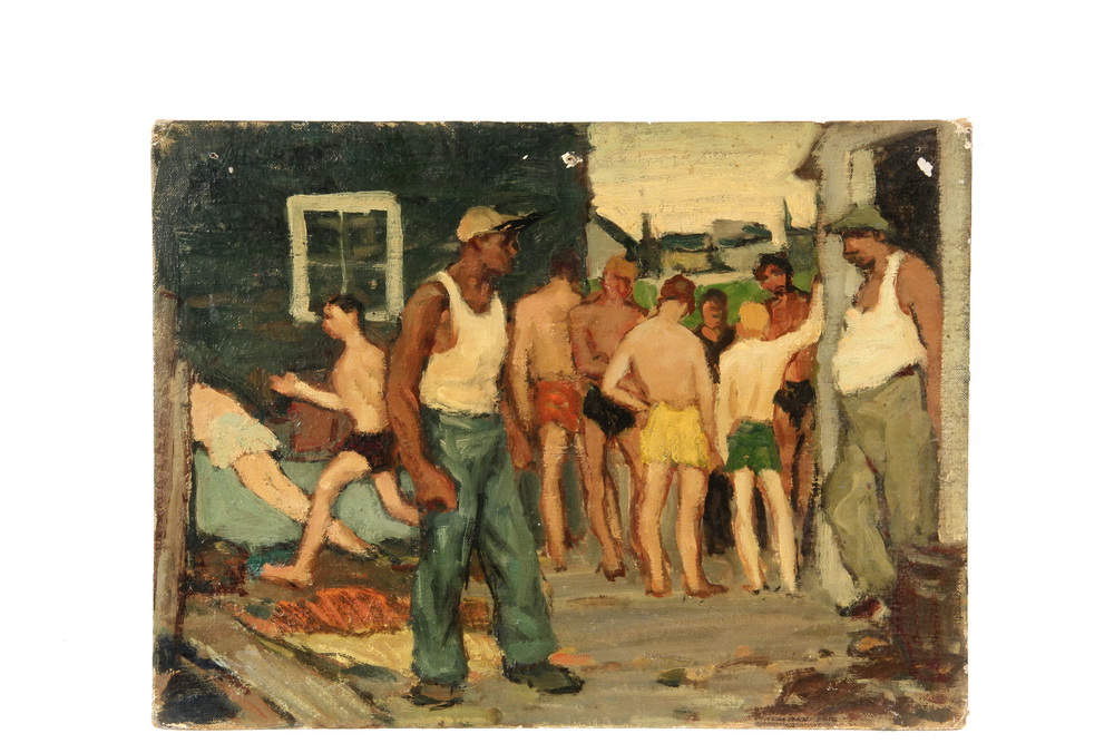 Appraisal: UNIDENTIFIED ARTIST - Swimmers and Dock Workers oil on canvas