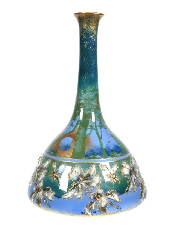 Appraisal: Blue and green hand painted porcelain vase with slender neck