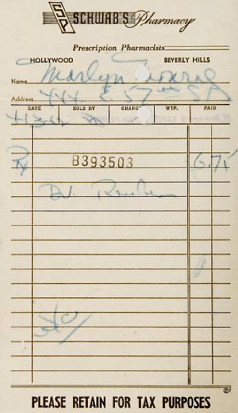 Appraisal: A Marilyn Monroe receipt from Schwab's Pharmacy A carbon copy