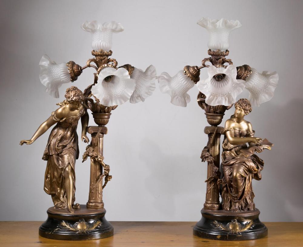 Appraisal: A PAIR OF FIGURAL GILT METAL TABLE LAMPS each depicting