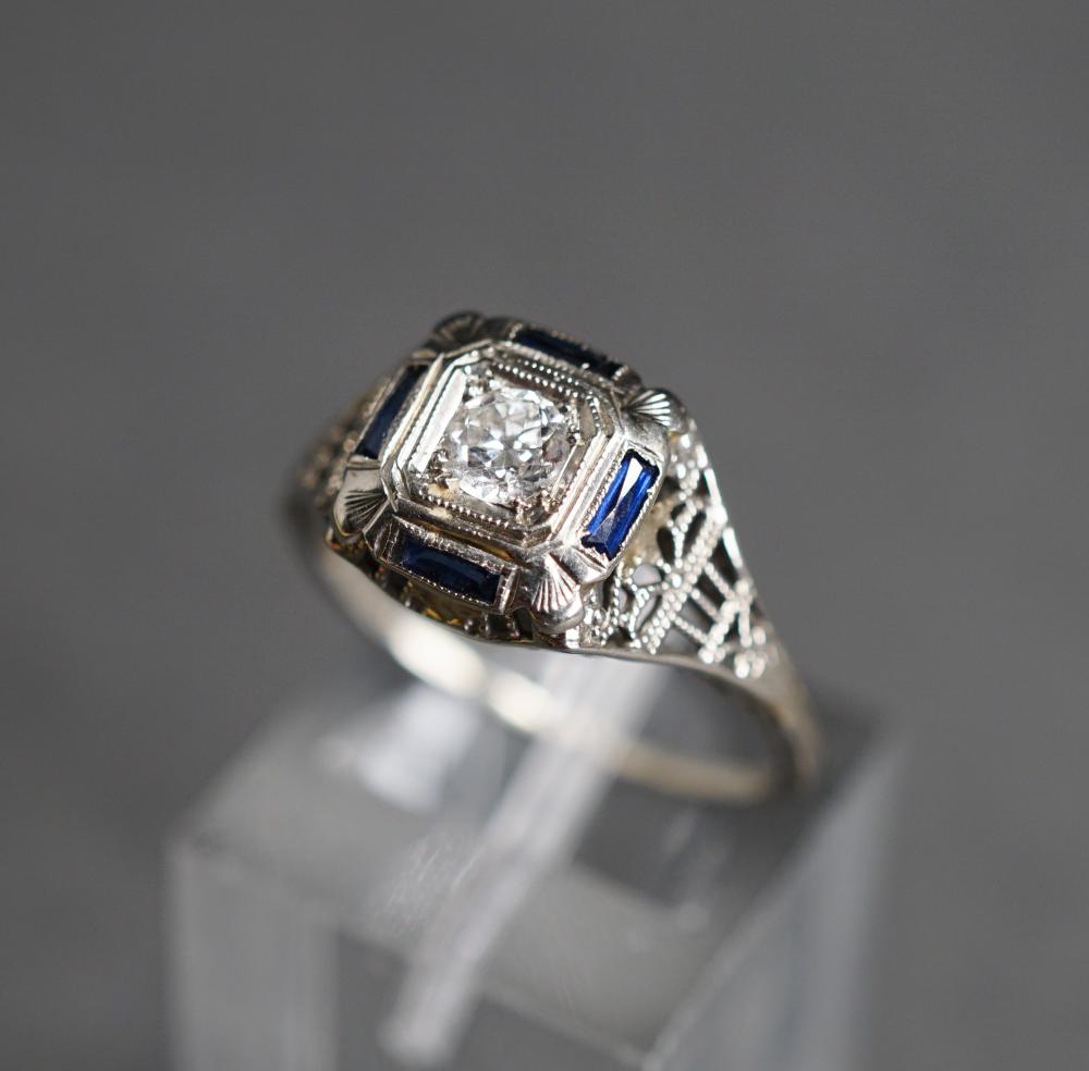 Appraisal: LATE ART DECO -KARAT WHITE-GOLD DIAMOND AND SYNTHETIC BLUE SAPPHIRE