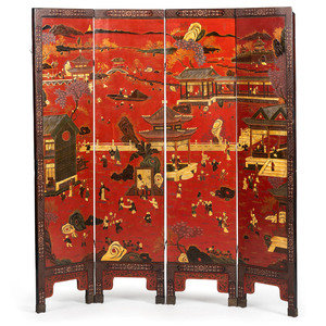 Appraisal: A Chinese Export Red Lacquer Four Panel Floor Screen th