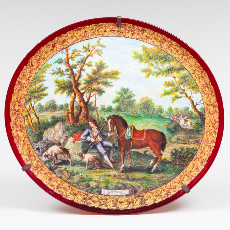 Appraisal: AFTER FRANCESCO ZUCCARELLI HUNTING SCENE Painted Glass inscribed x in