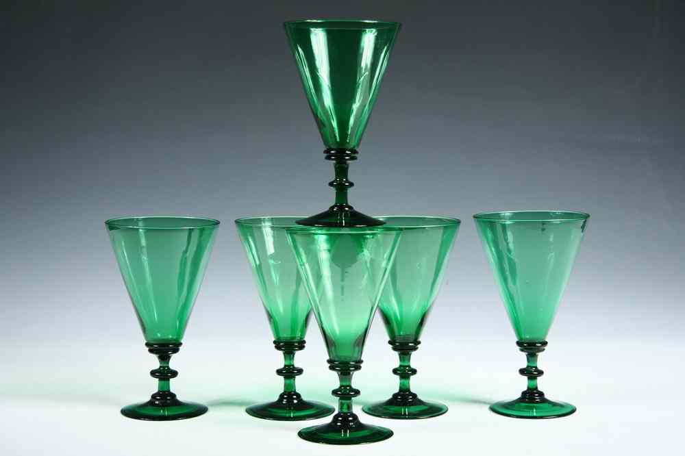 Appraisal: SET EARLY GLASS GOBLETS - Hand-blown Bright Green Conical Goblets