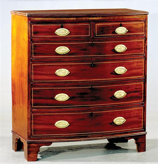 Appraisal: English inlaid mahogany bow front chest of drawers mid th