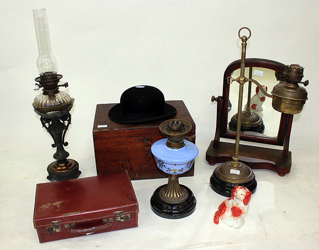 Appraisal: THREE VARIOUS OLD OIL LAMPS a small pine box a