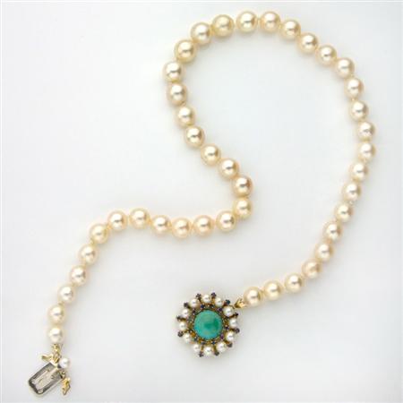 Appraisal: Cultured Pearl Necklace with Gold Turquoise Cultured Pearl and Sapphire