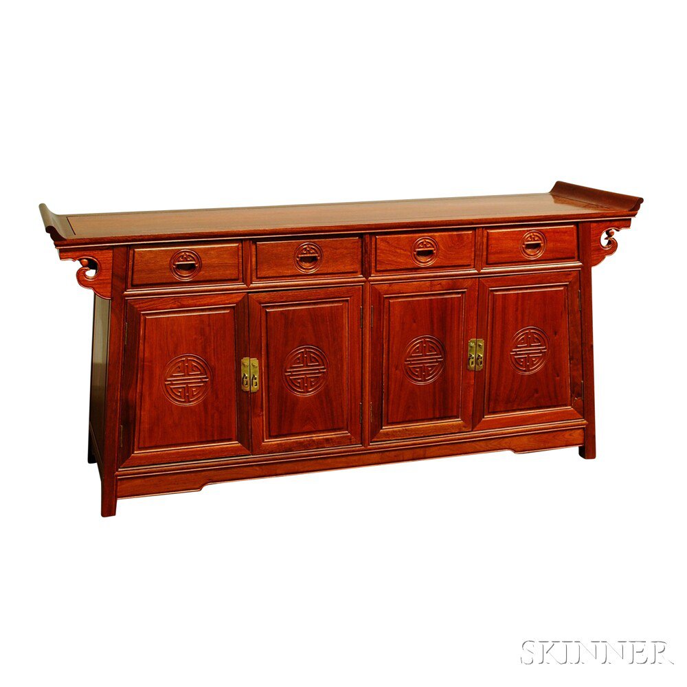 Appraisal: Contemporary Chinese Stained Wood Sideboard with a narrow rectangular top