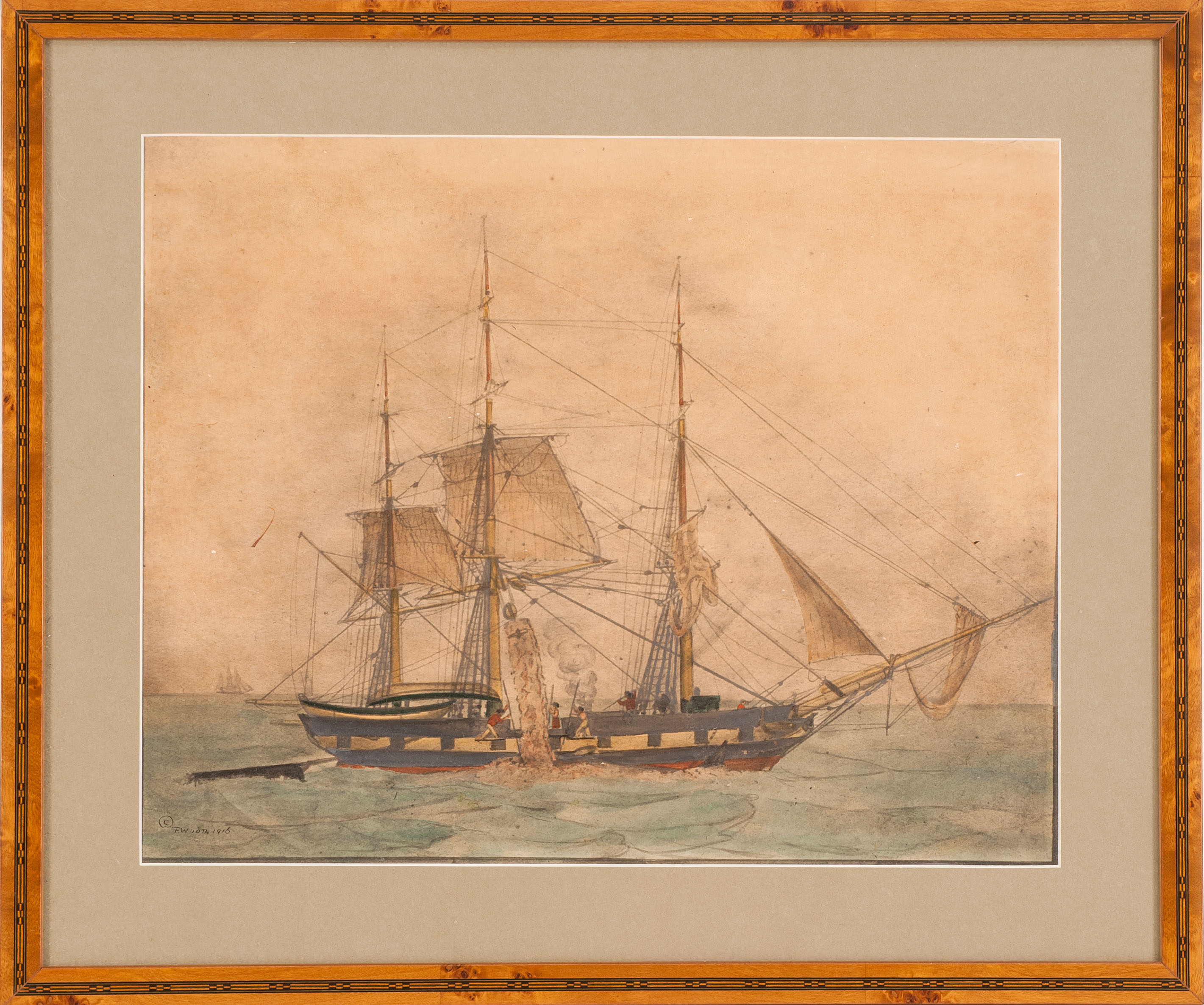 Appraisal: FRAMED HIGHLIGHTED LITHOGRAPH OF A WHALESHIP Depicts figures cutting in