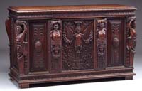 Appraisal: OUTSTANDING CONTINENTAL ANTIQUE CARVED WALNUT CREDENZA The framed top having