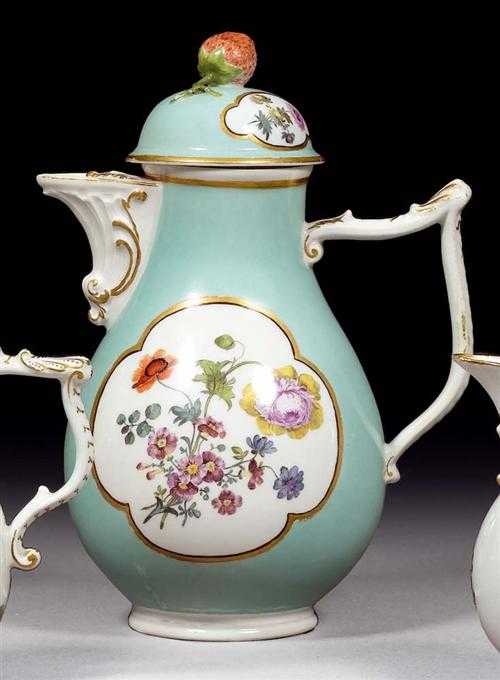 Appraisal: COFFEE POT WITH TURQUOISE GROUND Meissen circa With J-shaped rocaille