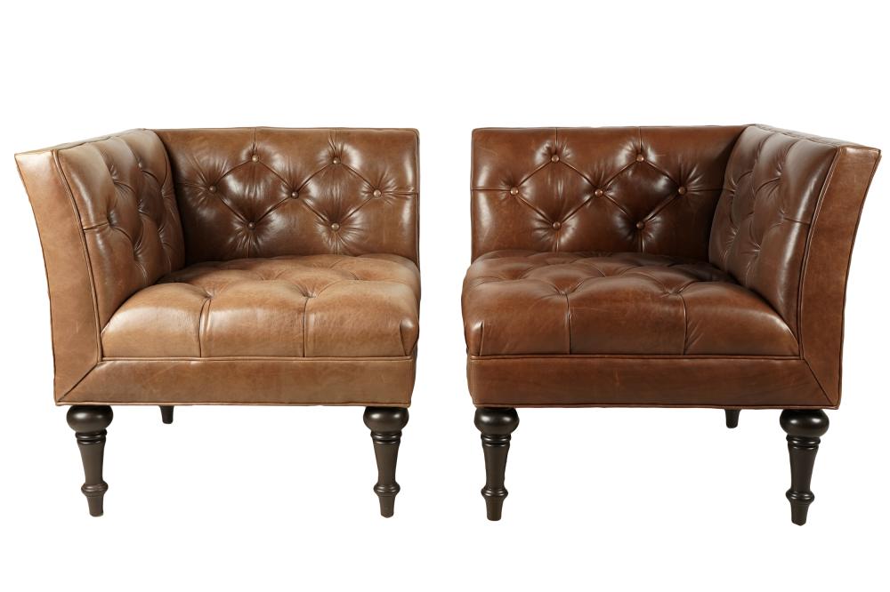 Appraisal: BERNHARDT PAIR OF BROWN LEATHER CORNER CHAIRSwith manufacturer's tag Condition