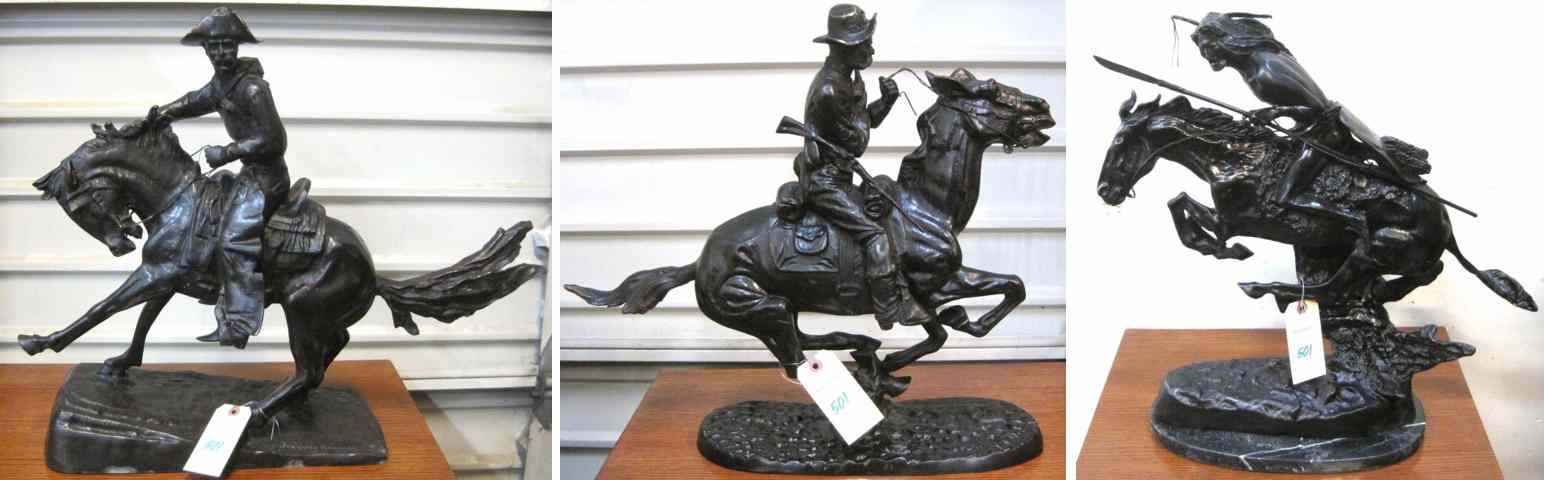 Appraisal: THREE WESTERN BRONZE SCULPTURES after the work of FREDERIC SACKRIDER