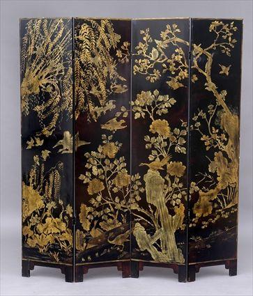 Appraisal: CHINESE BLACK LACQUER FOUR-FOLD SCREEN The front showing a continuous