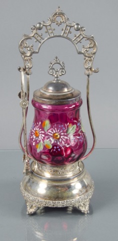 Appraisal: Cranberry Pickle CasterCranberry glass body decorated with enameled polychrome florals