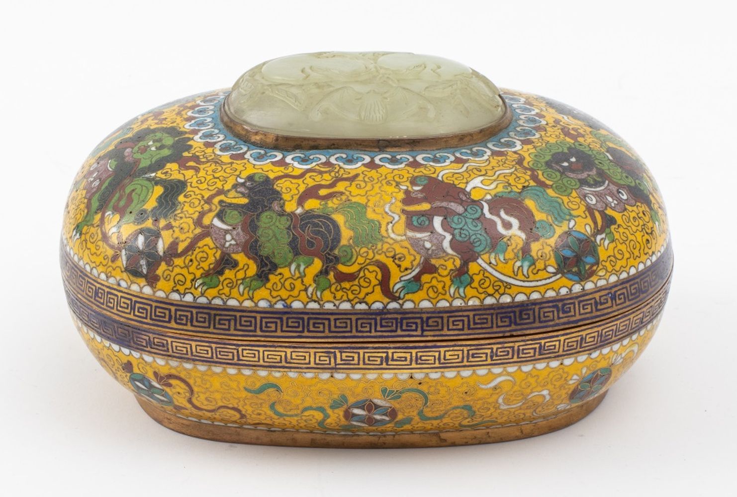 Appraisal: CHINESE YELLOW CLOISONNE LIDDED BOX W FOO DOGS Chinese yellow