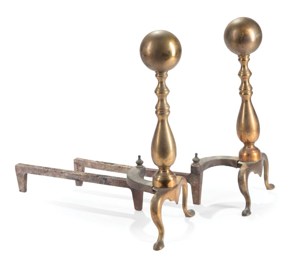 Appraisal: Pair of Antique Georgian-Style Brass Andirons ball finial snake feet