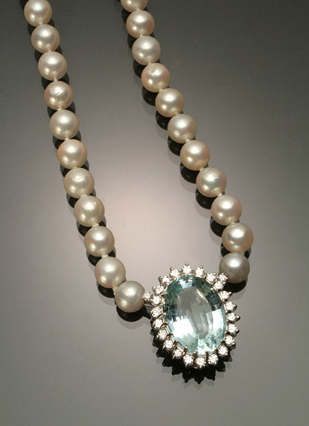 Appraisal: Princess Length -Karat White-Gold Cultured Pearl Diamond and Aquamarine Necklace