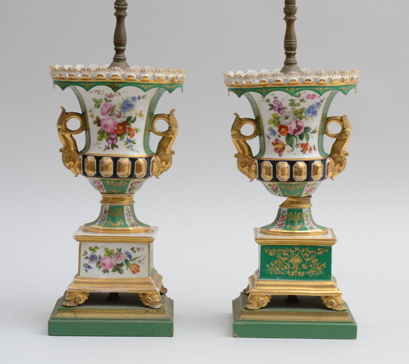 Appraisal: PAIR OF PARIS PORCELAIN MANTLE URNS MOUNTED AS LAMPS Each