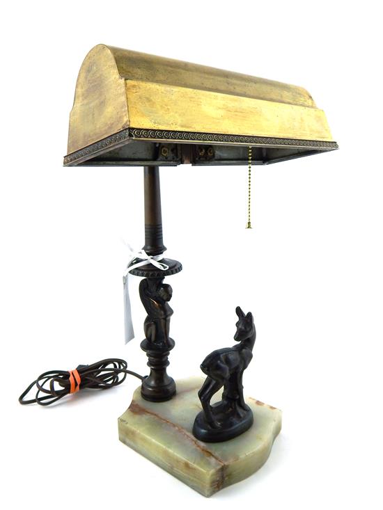 Appraisal: Deco desk or bankers lamp c signed Amronlite figural bronze