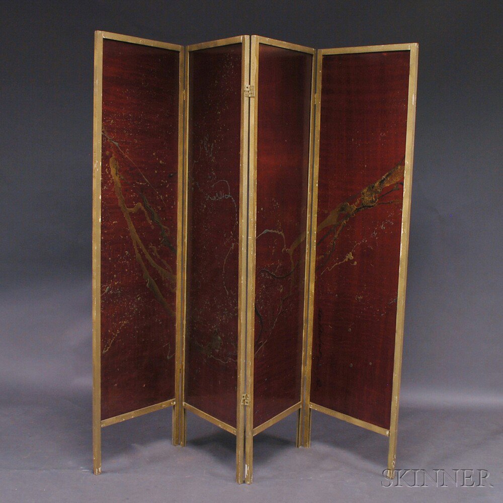 Appraisal: Adolph Reinhardt Hand-painted Four-panel Screen the dark red board with