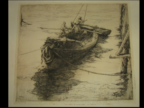 Appraisal: ARMIN HANSEN Sardine Barge Etching x mm x inches full