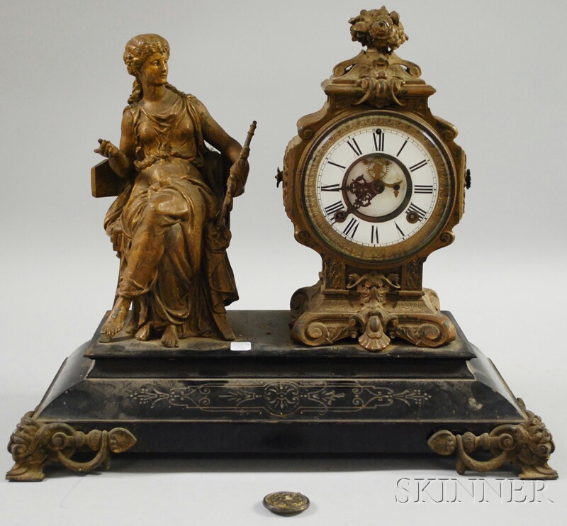 Appraisal: Ansonia Statuary Mantel Clock with Roman numeral enameled dial seated