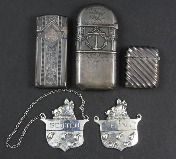 Appraisal: Group of sterling liquor tags and match cases EST '