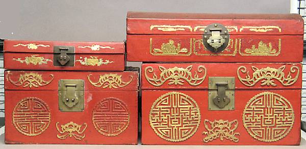 Appraisal: A group of four pigskin storage boxes with red and