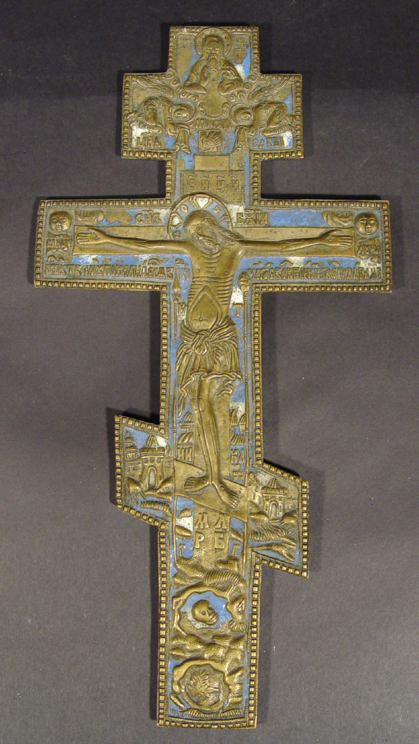 Appraisal: Russian brass crucifix cast in relief and with blue and