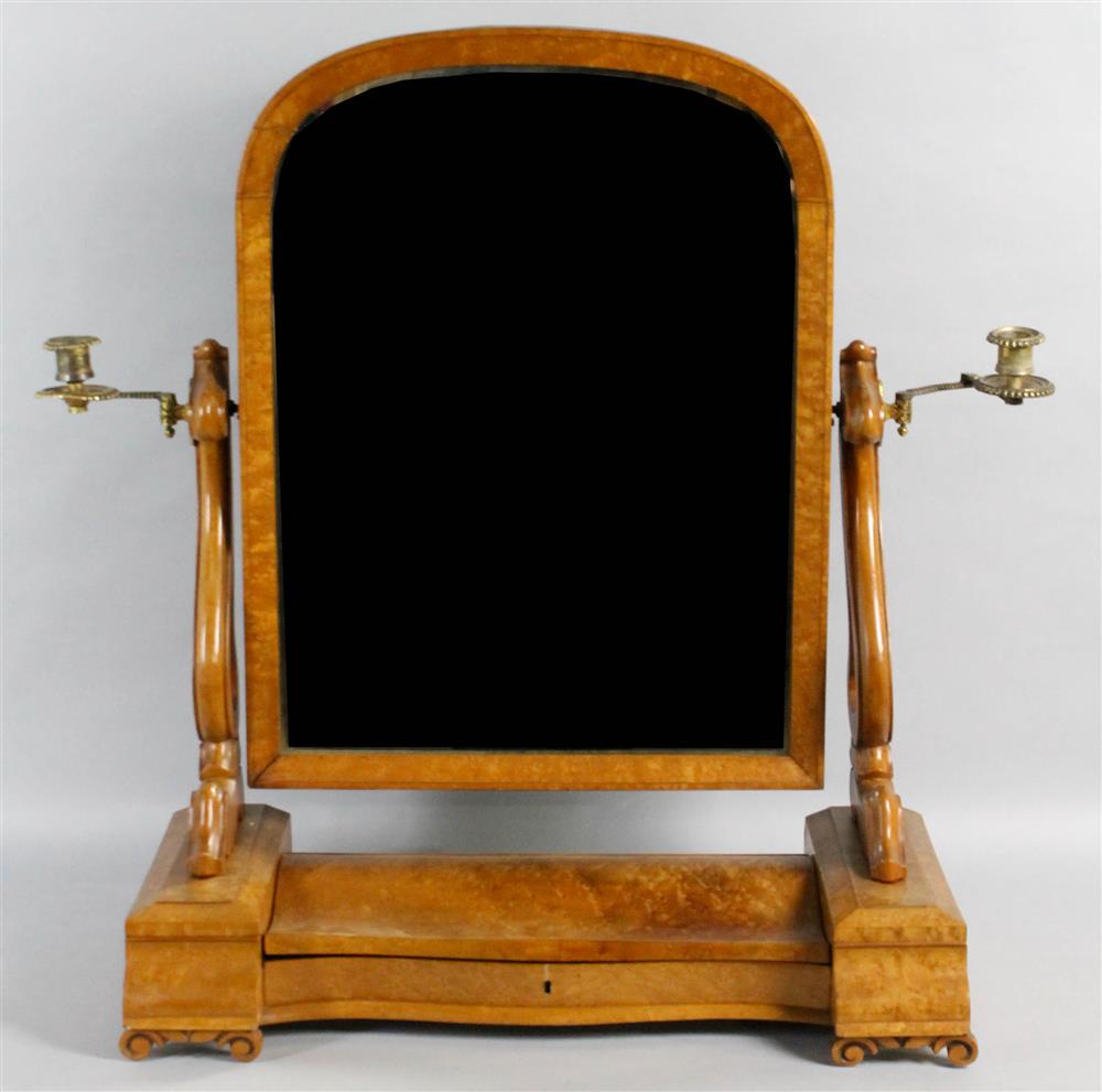 Appraisal: BIRDSEYE MAPLE DRESSING MIRROR WITH SCONCES having an arched top