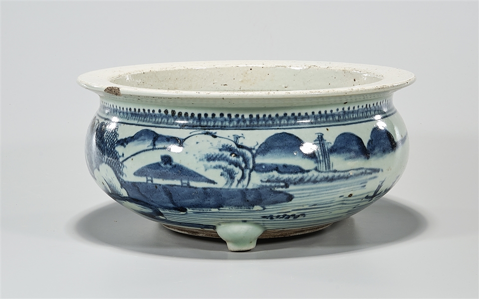 Appraisal: Chinese blue and white porcelain tripod censer with landscape and