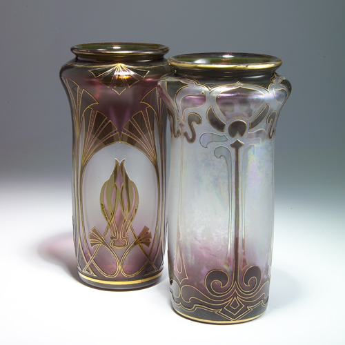 Appraisal: HONESDALE Two tall vases cut-back with Art Nouveau foliate designs