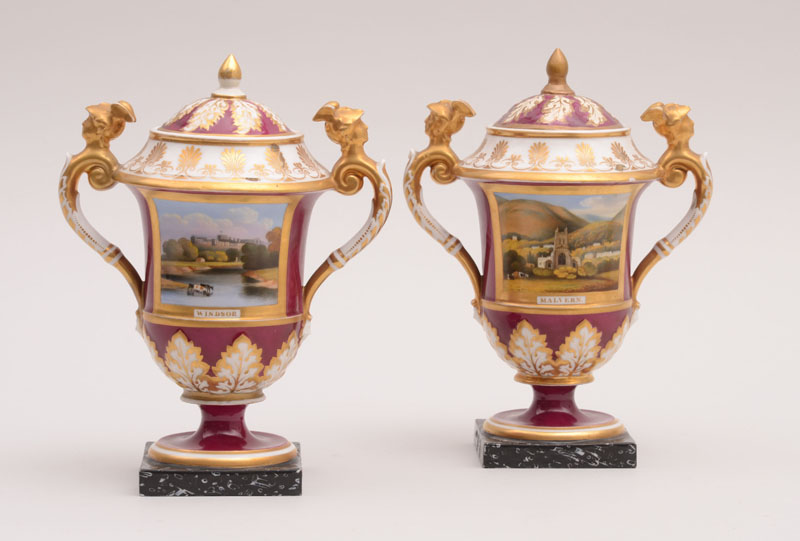 Appraisal: PAIR OF CHAMBERLAINS WORCESTER PORCELAIN TOPOGRAPHICAL URNS AND COVERS WINDSOR