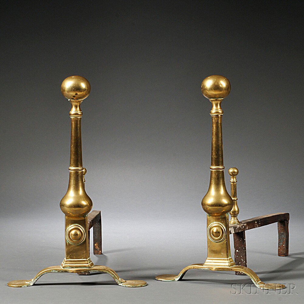 Appraisal: Pair of Brass Andirons England mid- th century each with