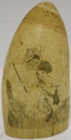 Appraisal: MID- TH C SCRIMSHAW WHALE'S TOOTH DEPICTINGA GIRL WITH BOW