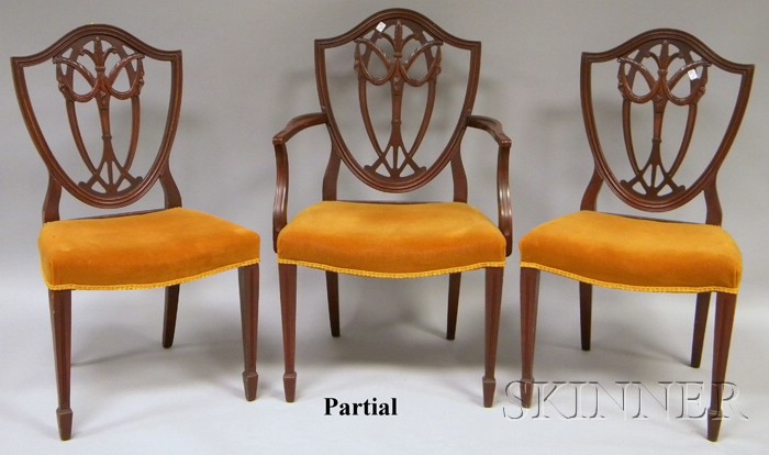 Appraisal: Set of Six Hepplewhite-style Upholstered Carved Maple Shield-back Dining Chairs