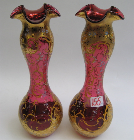 Appraisal: PAIR CRANBERRY ENAMELED VASES c pinched waists and bulbous bases