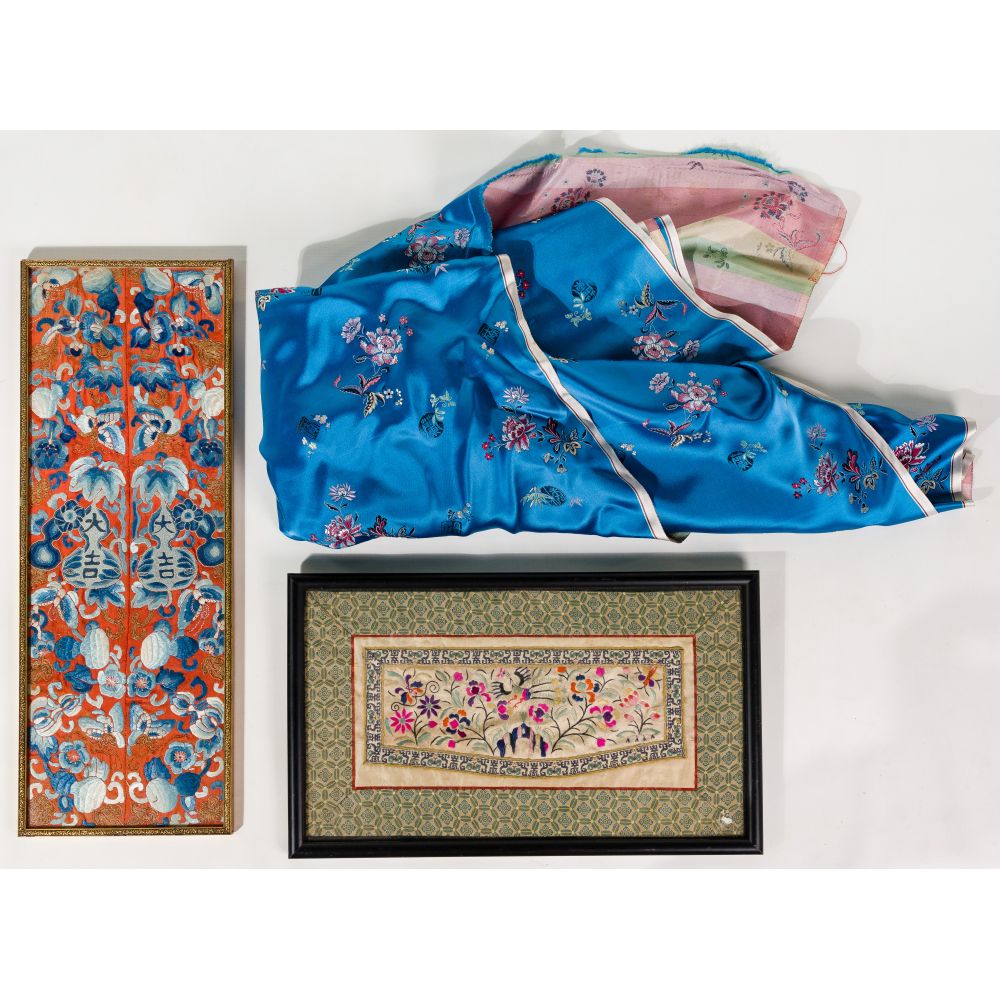 Appraisal: CHINESE SILK ASSORTMENT framed items including hand embroidered sleeve inserts