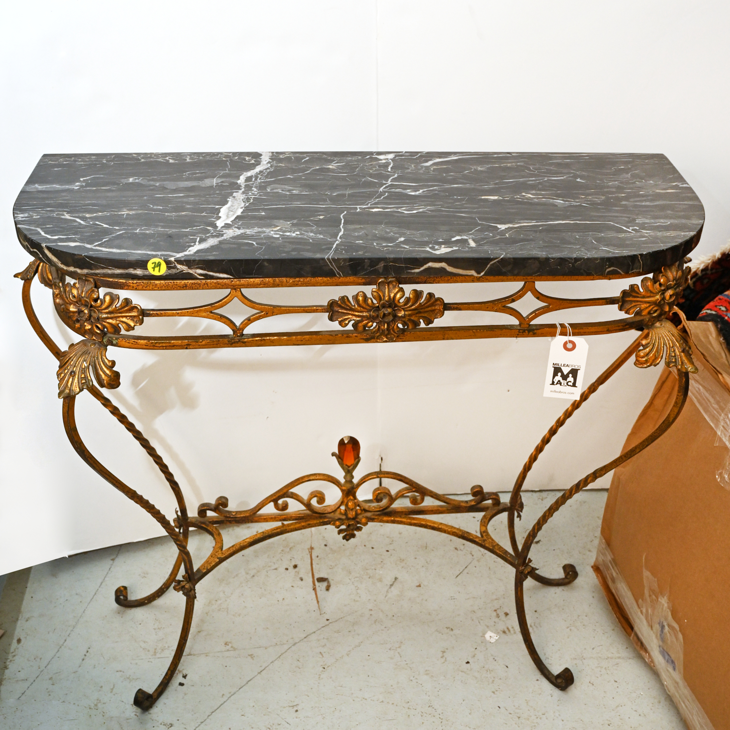 Appraisal: OSCAR BACH STYLE MARBLE TOP DEMILUNE CONSOLE TABLE th c