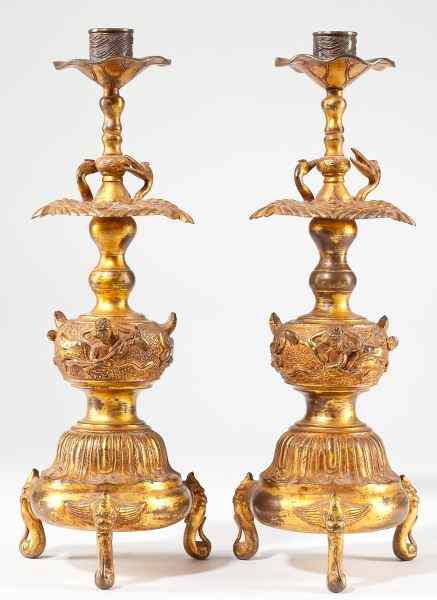 Appraisal: Pair of Chinese Qing Dynasty Candlesticks th century heavy gilt