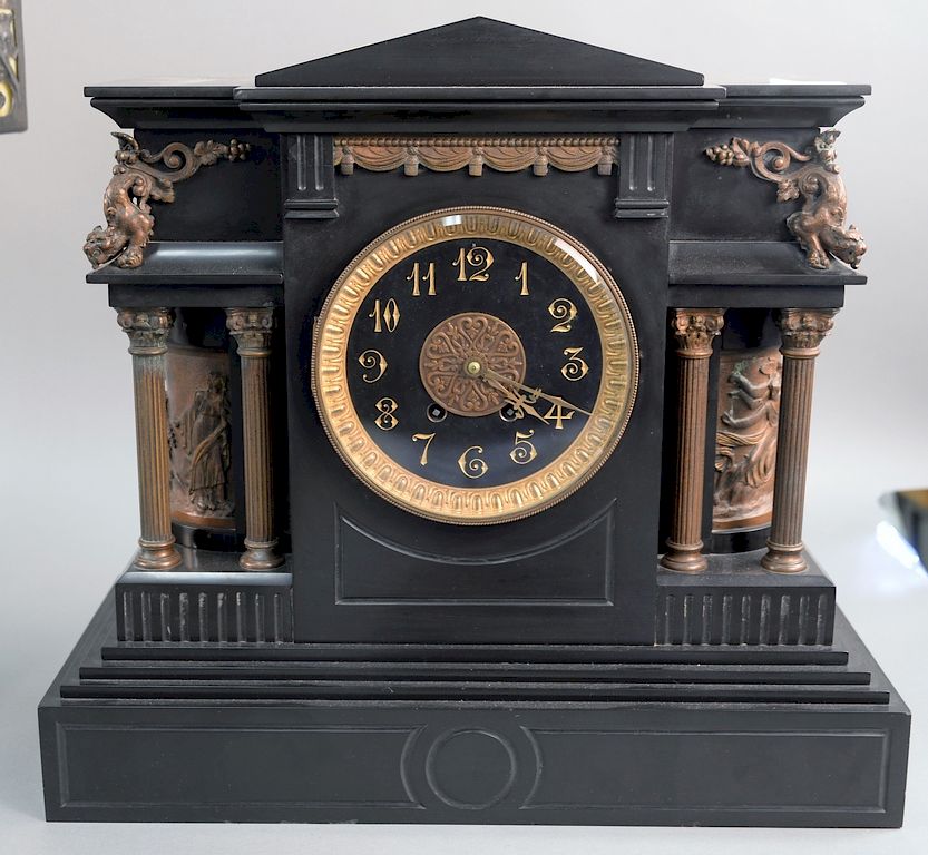 Appraisal: Black slate Victorian mantle clock with bronze mounts ht in