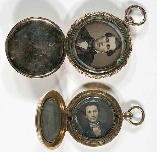 Appraisal: Daguerreian Jewelry Two Daguerreian Double-Sided Lockets Featuring Husband Wife Portraits