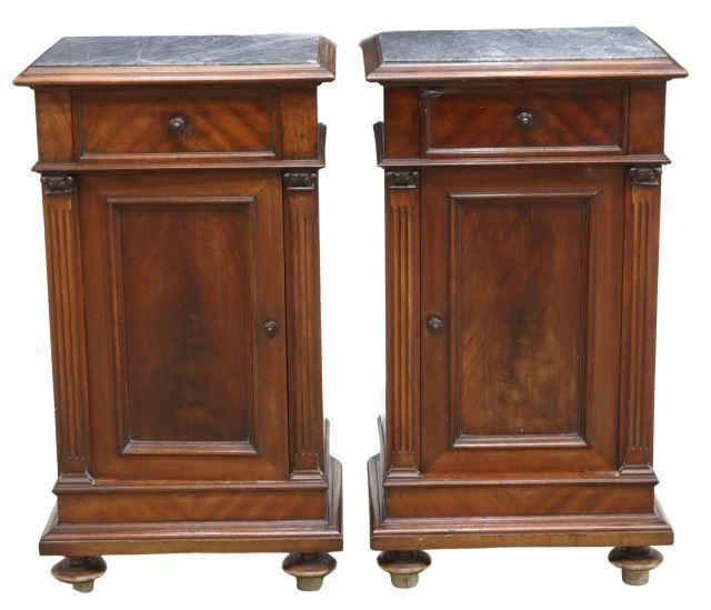 Appraisal: pair Italian marble-top mahogany bedside cabinets th c fitted with