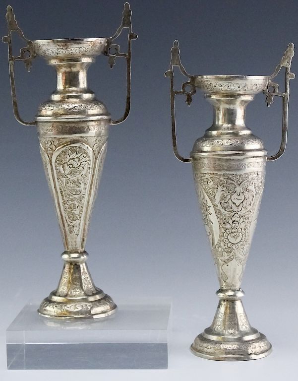 Appraisal: PR Antique Persian Silver Handled Urn Vase g Pair of