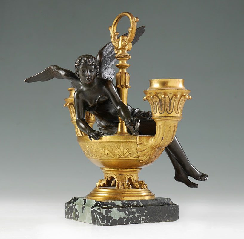 Appraisal: PSYCHE BUTTERFLY FIGURAL BRONZE CANDLEHOLDER Late th to early th