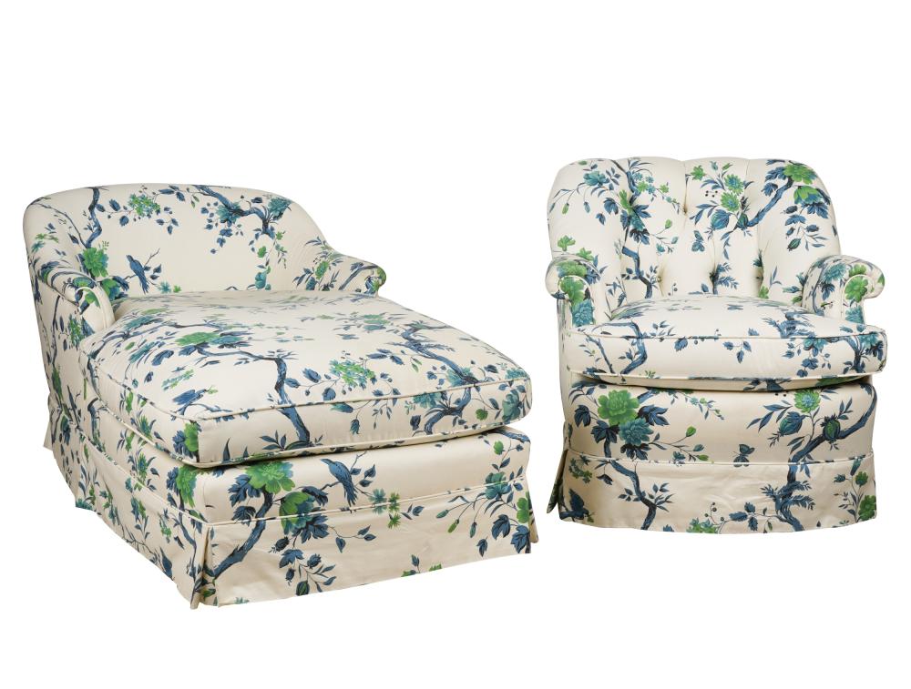 Appraisal: FLORAL UPHOLSTERED CHAISE LOUNGE CHAIRunsigned Condition fabric on cushion of