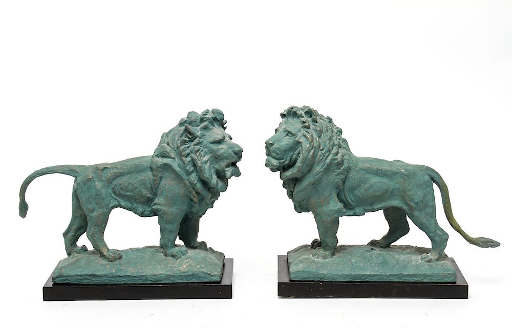 Appraisal: Standing Lions Bookends Sculptures Composition Pr Standing lions bookends sculptures