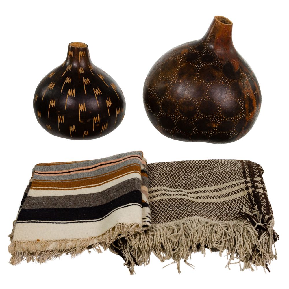 Appraisal: ETHNOGRAPHIC OBJECT ASSORTMENT items including African style gourd vessels having