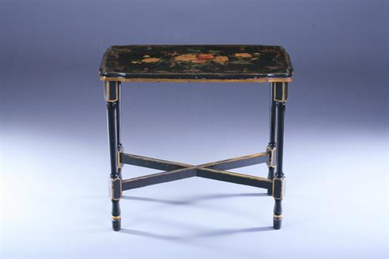 Appraisal: EBONIZED FRUIT-AND-FLORAL DECORATED OCCASIONAL TABLE Late th century with gilt